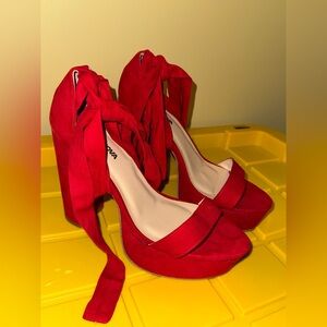 Fashion Nova Bold Red Heels with Ribbon Tie